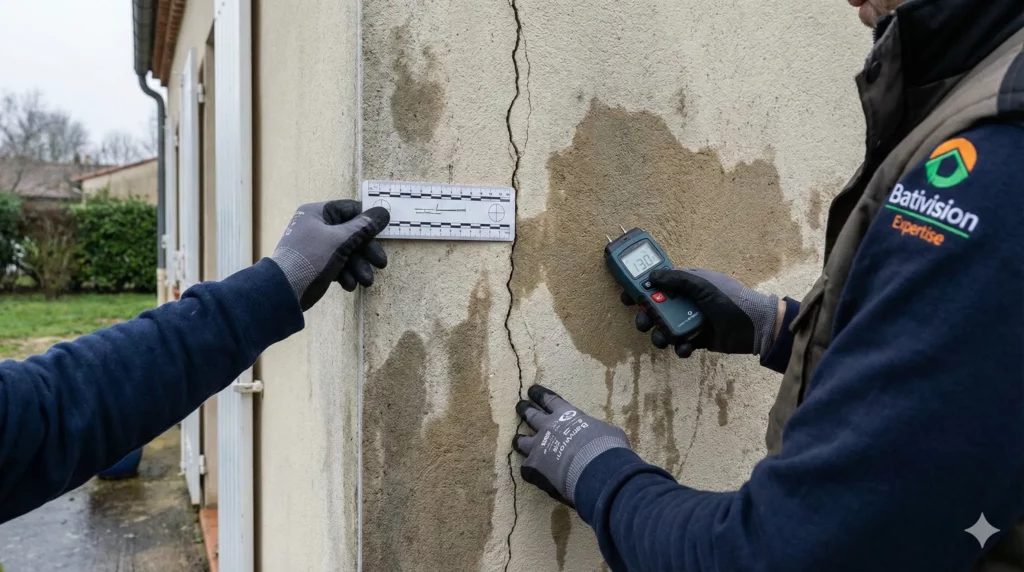 Fissure horizontale sur une façade en crépi suite à un mouvement de sol argileux